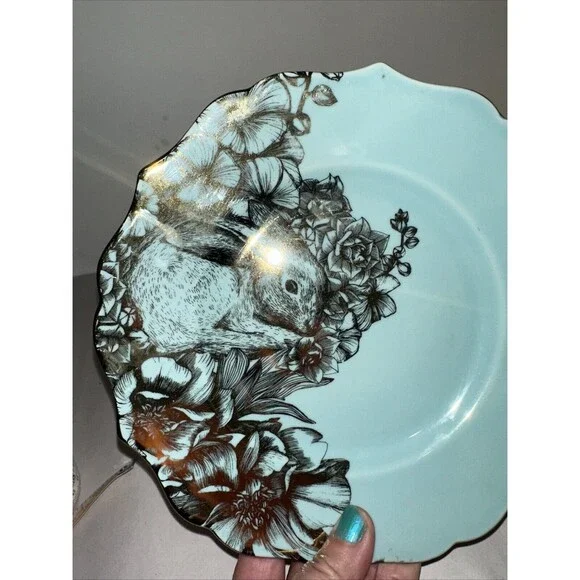 222 FIFTH GARDEN PLAYTIME BUNNY GOLD & TURQUOISE 8.5" Salad Plate - Picture 7 of 9